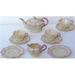 Late C19th / early C20th Belleek porcelain pink decorated 8-piece part teaset...