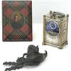 Image 1 : Bag containing Victorian 'Stuart' tartanware card case with flip lid, decorated...