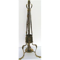 Early C20th Art Nouveau brass adjustable lamp standard with Ruskin type blue...