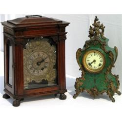 C19th green lacquer & ormolu mounted mantel clock with gilt painted...