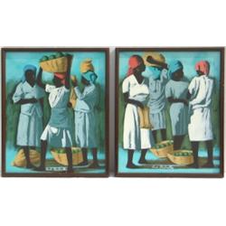 Claude Dambreville, C20th - NEGRO WOMEN WITH BASKETS OF FRUIT - a pair, oils on...