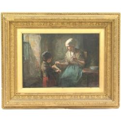 Joseph Israels, 1824-1911 - AN INTERIOR SCENE WITH A WOMAN WINDING WOOL BETWEEN...