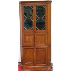 C19th pitch pine freestanding corner cabinet with Greek key frieze above two...
