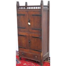 Edwardian Arts & Crafts oak cupboard with galleried top above 2 doors & 2...