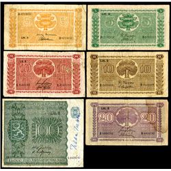 Finlands Bank, 1939-45, Lot of 6 Issued Banknotes