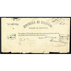 Republica De Honduras, Billete De Tesoreria, 1873 Issued Banknote.