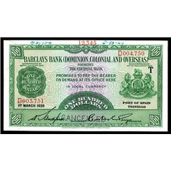 Barclays Bank (Dominion, Colonial and Overseas), 1939 Specimen Banknote.