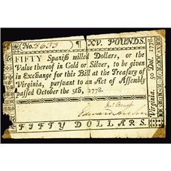 Virginia Colonial Note, $50 (£15), Fr#VA-162, October 5, 1778, S/N 8633.