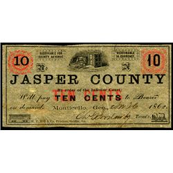Jasper County, By Order of the Inferior Court, 1862 Obsolete Scrip Note.