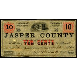 Jasper County, By Order of the Inferior Court, 1862 Obsolete Scrip Note.