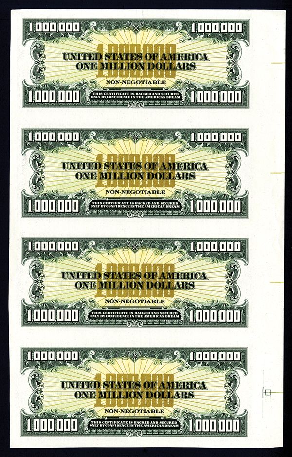 U.S. $1,000,000 Bill by ABNC Uncut Specimen Sheet of 4 notes.