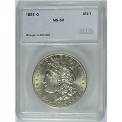1896-O MORGAN SILVER DOLLAR, SEGS MS-60 RARE!