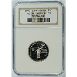 1999-S SILVER PROOF STATEHOOD QUARTER (PA) NGC PF-69 ULTRA CAMEO