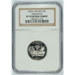 2003-S SILVER PROOF STATEHOOD QUARTER (AR) NGC PF-70 !!! ULTRA CAMEO