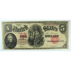 1907 $5.00 U.S. NOTE  WOODCHOPPER   FINE+