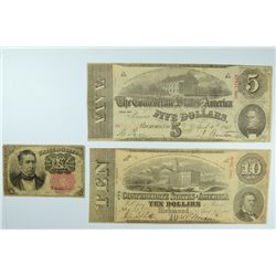 CURRENCY LOT: 1874 10 CENT FRACTIONAL, VG,  $5.00 & $10.00  1873 CONFEDERATE