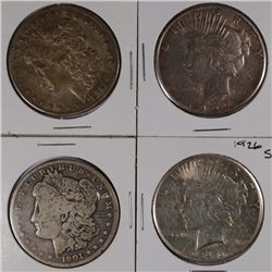 2 MORGAN & 2 PEACE DOLLARS CIRCULATED 1879-S, 1901-O DAMAGE, 1927, 1926-S