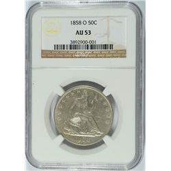 1858-O SEATED HALF DOLLAR NGC AU-53