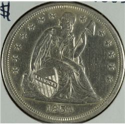 1859-O SEATED DOLLAR AU-58+