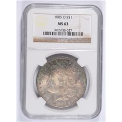 1885-O MORGAN SILVER DOLLAR, NGC  MS-63 BEAUTIFUL LIGHT TONE COLORS!