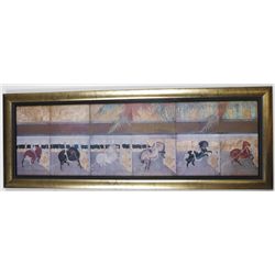 Hunter Jumper Asian Horse Panel Painting in Gold Frame