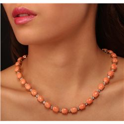 14KT Yellow Gold 66.00ctw Coral and Diamond Necklace