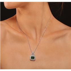 14KT White Gold 4.36ct Emerald and Diamond Pendant With Chain