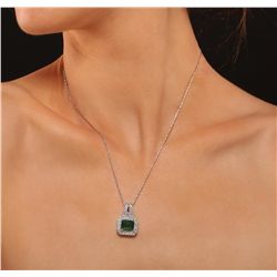 14KT White Gold 4.36ct Emerald and Diamond Pendant With Chain