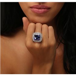 14KT White Gold GIA Certified 14.80ct Tanzanite and Diamond Ring