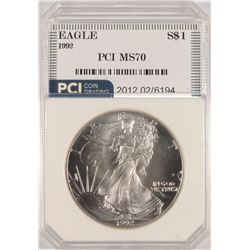 1992 AMERICAN SILVER EAGLE, PCI MS-70  RARE  TRENDS PRICE $1150.00