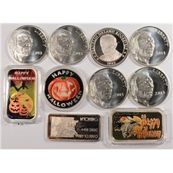 10- .999 SILVER 1oz BARS / ROUNDS, ALL MARKED includes 3 - HALLOWEEN ENAMELED