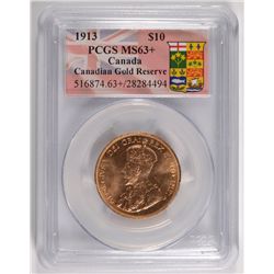 1913 $10 CANADIAN GOLD PCGS MS-63+ SURE LOOKS "64" FROM CANADIAN GOLD HOARD
