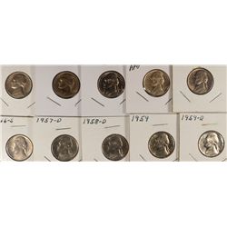 10-GEM BU JEFFERSON NICKEL LOT: 1940-S, 41-S, 46-S, 56P&D, 57 P&D, 58-D, 59 P&D