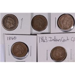 5 COPPER NICKEL INDIAN HEADS, VG 1859, 1860, 1862, 2-1863