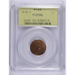 1916-S LINCOLN ONE CENT PCGS MS65RB OLD GREEN LABEL, LOT OF RED