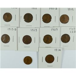 (10) LINCOLN CENTS (09, 09 VDB, 10, 11, 11-D, 12, 12-D, 13, 13-D, 14)