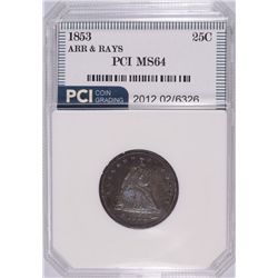 1853 SEATED QUARTER, ARROWS AND RAYS, PCI MS-64