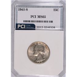 1942-S WASHINGTON QUARTER, PCI MS-65