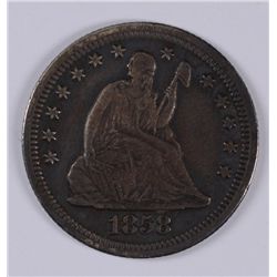 1858-S SEATED LIBERTY QUARTER, XF+  RARE!!