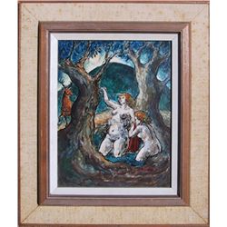 Charles Burdick, Two Nudes in the Forest, Ink and Oil Painting