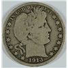 Image 1 : 1913 BARBER HALF DOLLAR, G/VG  KEY DATE