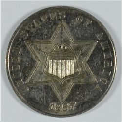 1867 3 CENT SILVER, AU-55  RARE