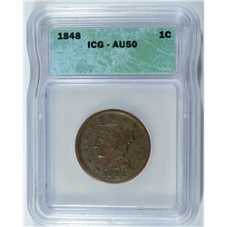 1848 LARGE CENT, ICG AU-50