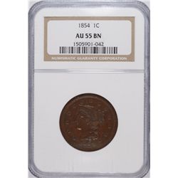 1854 LARGE ONE CENT NGC AU-55 BN BEAUTIFUL!