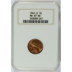 1941-D LINCOLN CENT, NGC MS-67 RED RARE!!