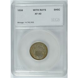 1866 WITH RAYS SHIELD NICKEL, SEGS XF-40   NICE