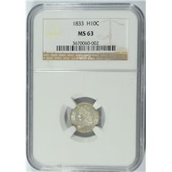 1833 BUST HALF DIME, NGC MS-63  WHITE!  RARE