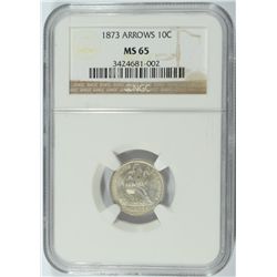 1873 ARROWS SEATED DIME NGC MS65 GEM BLAST WHITE, VERY RARE!