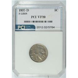 1937-D 3-LEGS BUFFALO NICKEL, PCI VF-20