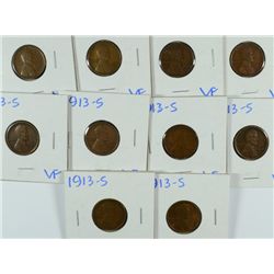 (10) 1913-S LINCOLN CENTS VF'S